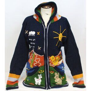Peruvian Womens Lg Cardigan Sweater Whimsical Applique Fun Hoodie Animals Long